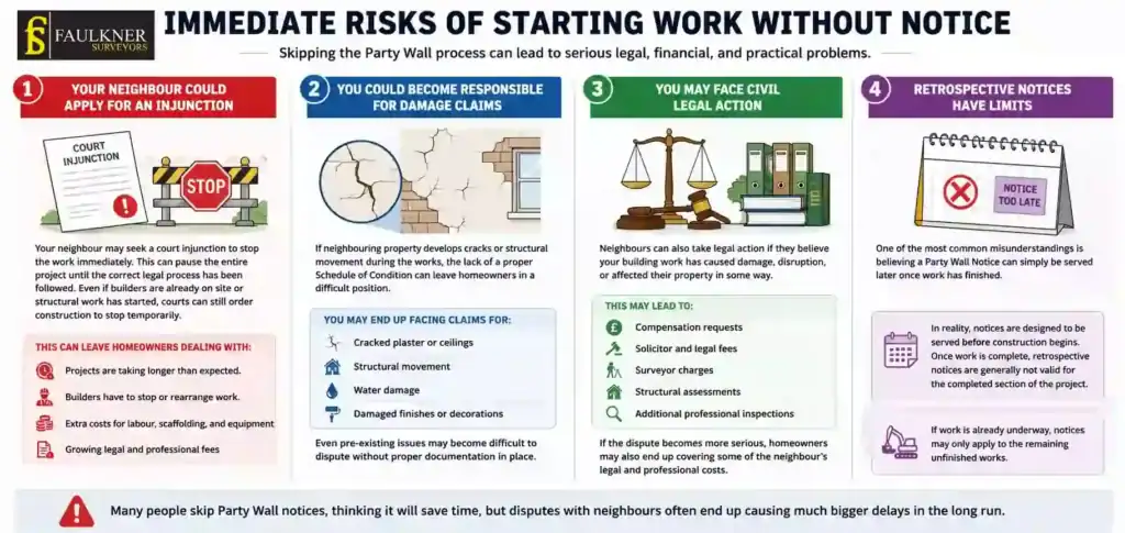 What Happens If You Start Work Without a Party Wall Notice? 1 Immediate Risks of Starting Work Without Party Wall Notice Royal-Tunbridge-Wells